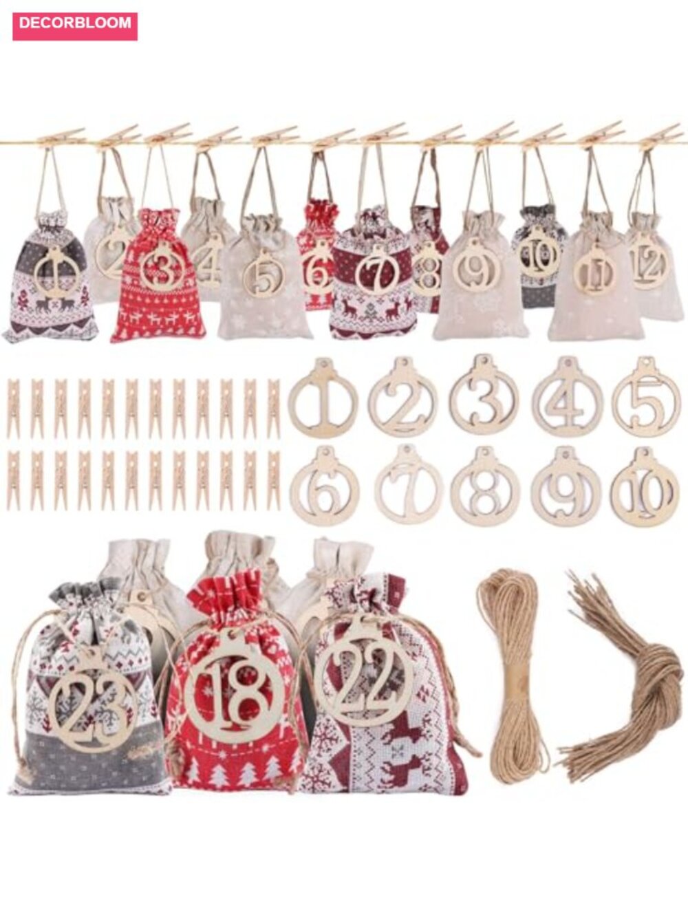 24 Day Burlap Advent Calendar Drawstring Gift Bags Countdown Holiday Decor Set